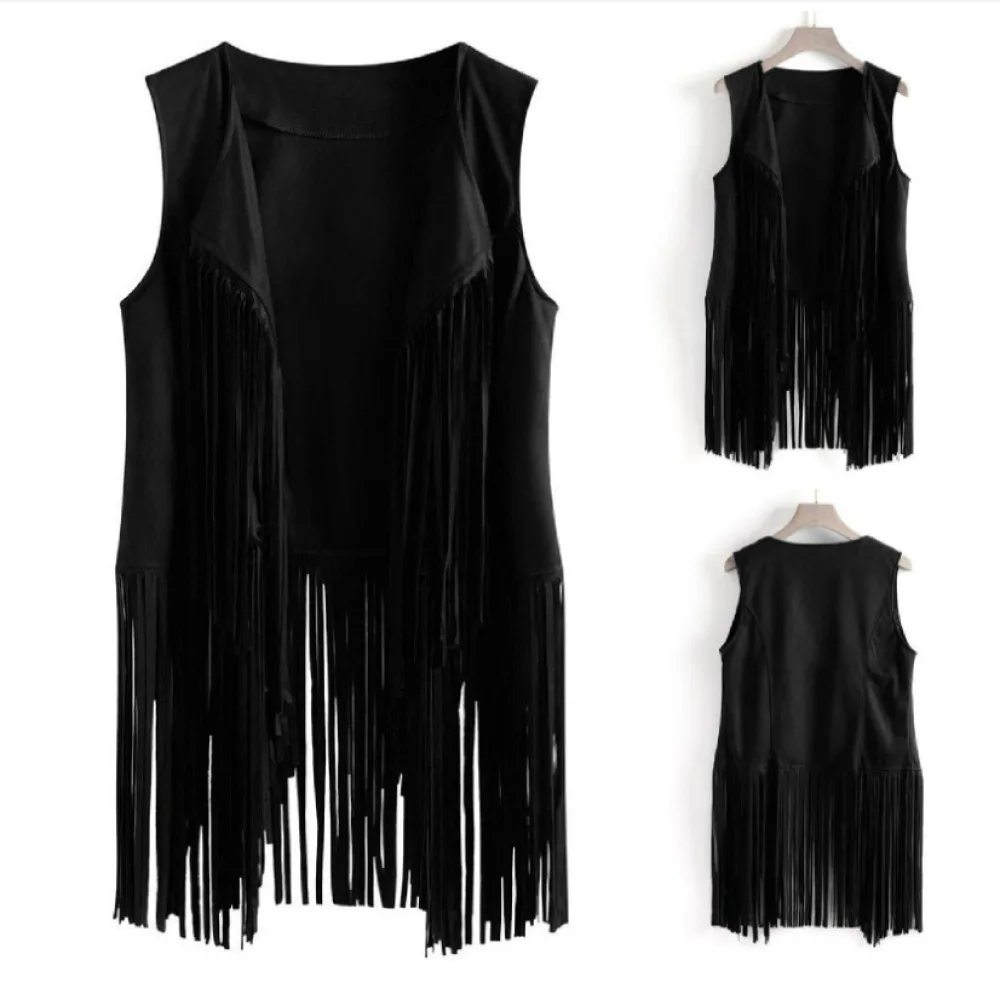 Boho Chic Suede Fringe Vest Women Sleeveless Jacket Open Front Cardigan Trendy Casual Streetwear Outerwear Fashion Top