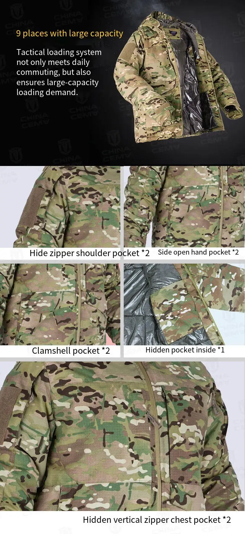 Men's Thermal Heat Reflective Camo Tactical Jacket Winter Military Hard Shell Windproof Durable Insulated Coat for Outdoor