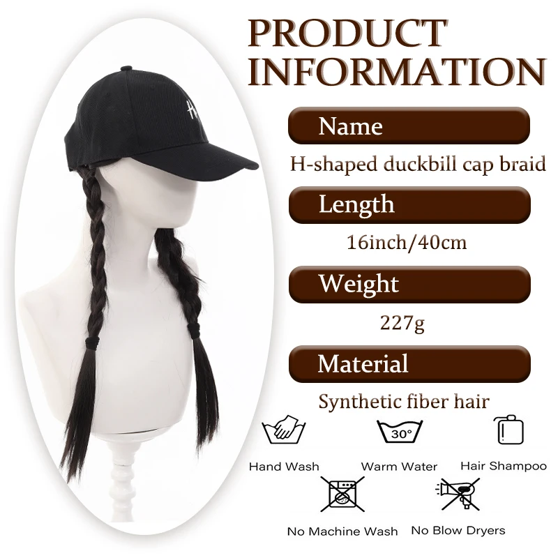 Women's Fashion Wig Baseball Cap Synthetic Fiber Material Black Cap with Two Braided Pigtails Ideal for Daily Life
