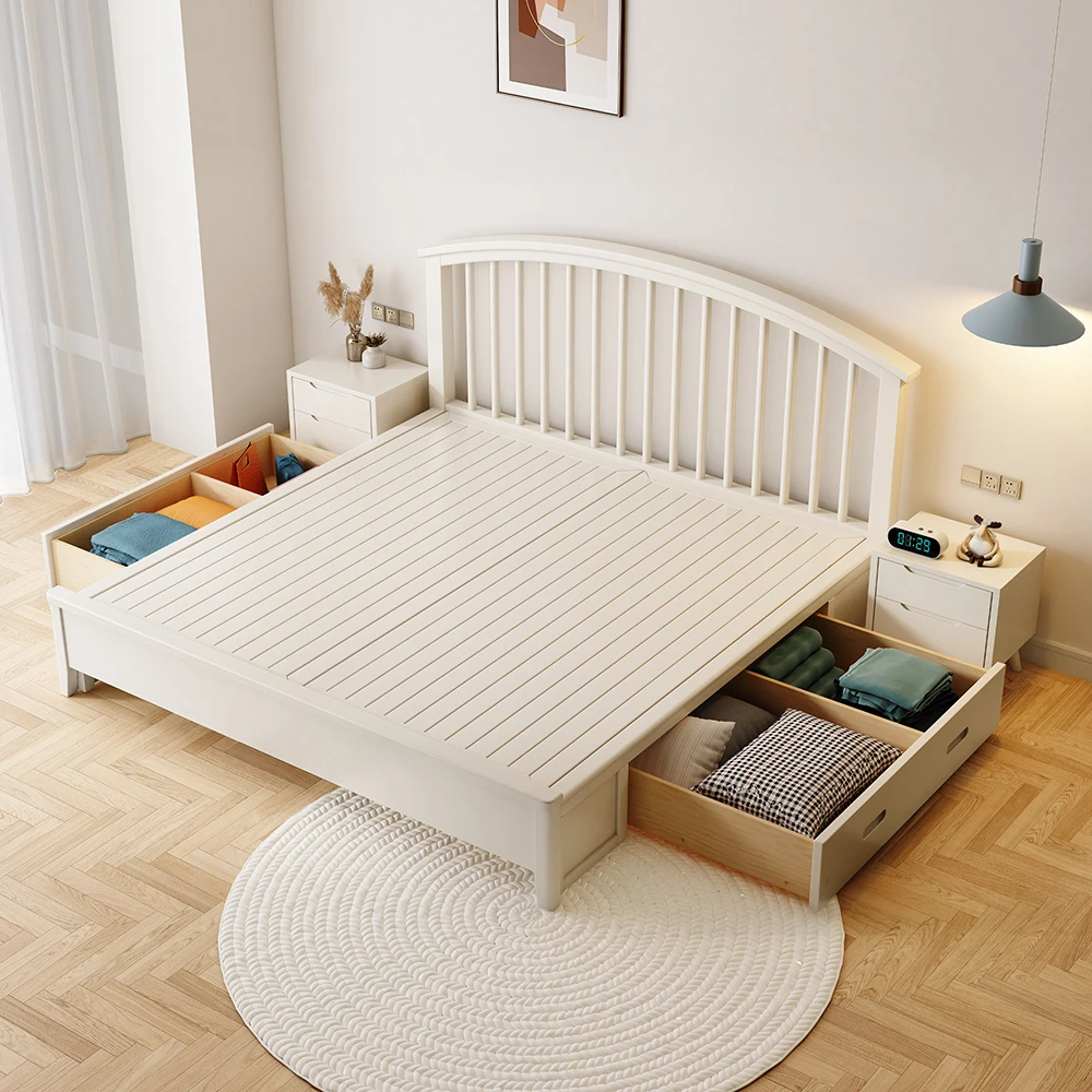 Nordic full solid wood bed frame Modern simple cream style single double king size bed