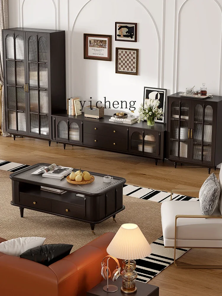 Retro Pure Solid Wood Coffee Table TV Cabinet Living Room French Coffee Table Living Room Home Tea Table Small Apartment