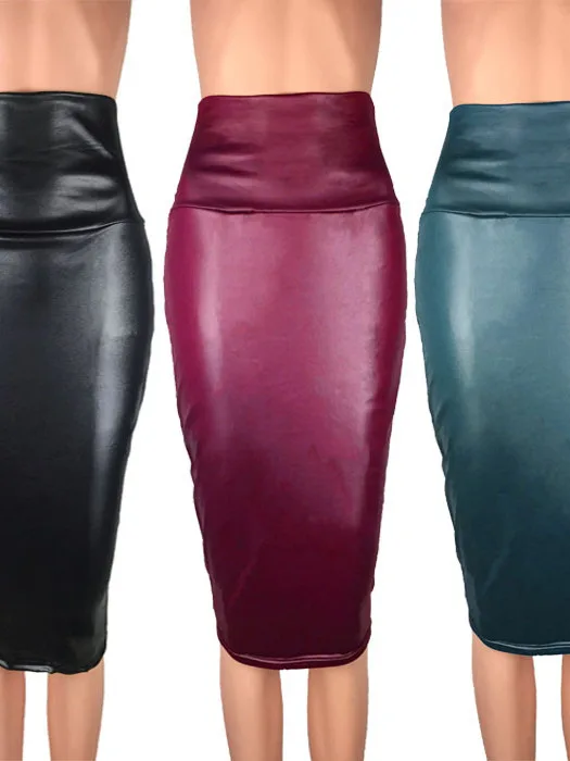 

Ladies High Waist Slim Fit Leather Skirt Pure Color Wrap around Skirt mid Length Thiened Polyester Fabric Summer Season