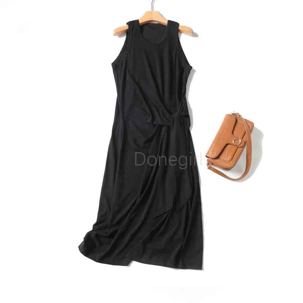 Donegirl-Vestido largo de verano para Mujer, traje informal con nudo, cintura ajustada, cuello redondo, elegante, sin mangas, combina con todo, 2024