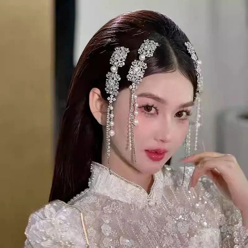 Full Rhinestones Imitation Pearls Long Tassel Ethnic Style Duckbill Hair Clips Bride\'s Wedding Headwear for Women New in 2026