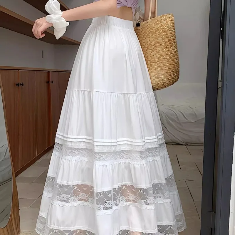White Long Skirts for Women Spring Summer New Lace Spliced Fairycore High Waisted Fluffy Big Swing Skirt Daily Women Clothes