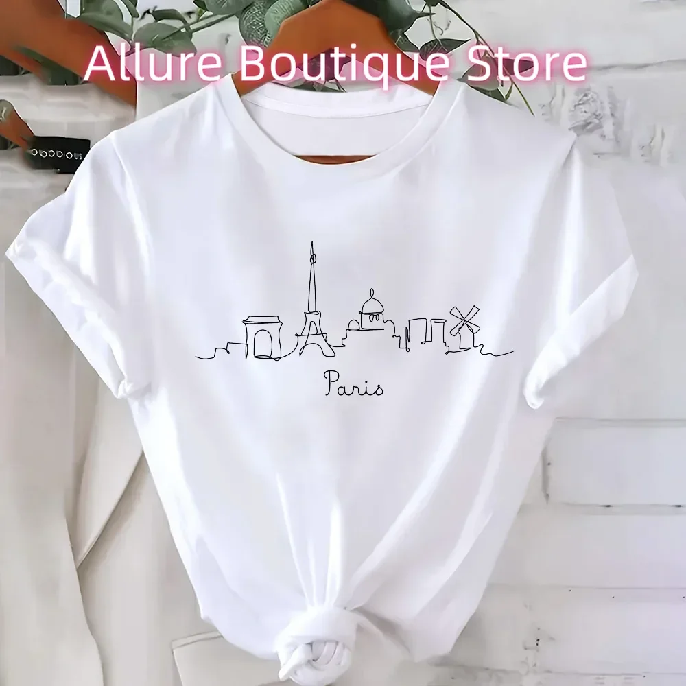 

Простой и элегантный топ с принтом Парижной башни, футболка с круглым вырезом и короткими рукавами, высококачественная и удобная повседневная женская одежда