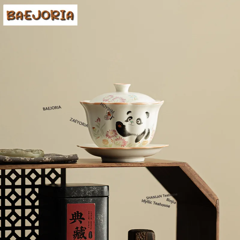 BAEJORIA 171ml Cream Ding Kiln Panda Playing Butterfly Gaiwan Retro Tea Tureen Tea Bowl With Lid Kit Tea Making Cover Bowl Tea