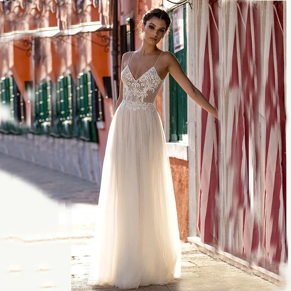 

Flavinke Sexy Spaghetti Straps Wedding Dresses 2025 Lace Appliques Tulle Bridal Gown Robe De Mariee Court Train A Line For Women