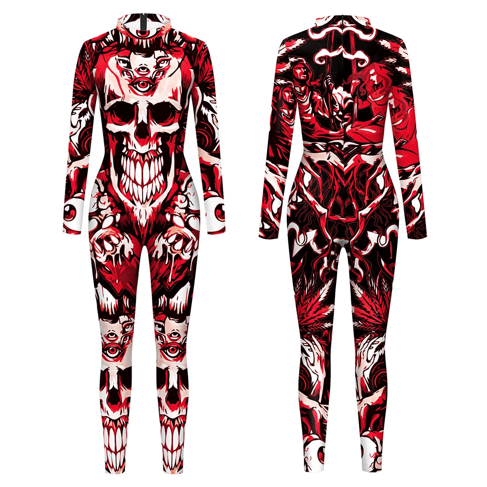 Adult Halloween Jumpsuits Skull Pattern Catsuit Unisex Men Women Zentai Bodysuits Gothic Cosplay Costume Carnival Party Dress Up