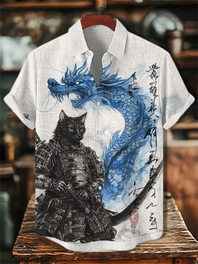 เสื้อเชิ้ตผ้าลินินแขนสั้นลายลิง 3 มิติ สไตล์ฮาวาย สำหรับผู้ชาย แฟชั่นฤดูร้อน เสื้อเชิ้ตแขนสั้นลำลองสำหรับผู้ชาย