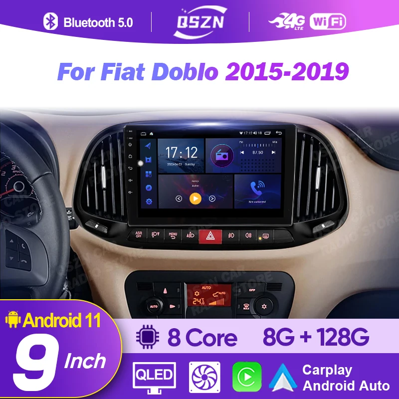 

QSZN беспроводной автомобильный радиоприемник CarPlay Android 13 для Fiat Doblo 2015 2016 2017 2018 2019 GPS мультимедийный экран стерео навигация DVD