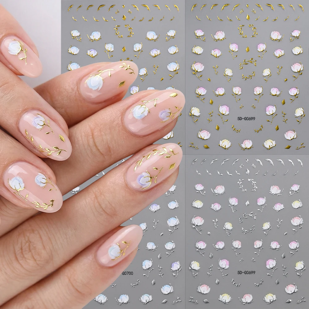 

1PC 5D Spring Tulip Flower Nail Art Sticker Hot Stamping Golden Silver Pink White Blue Adhesive Nail Decal Romantic Nail Decora