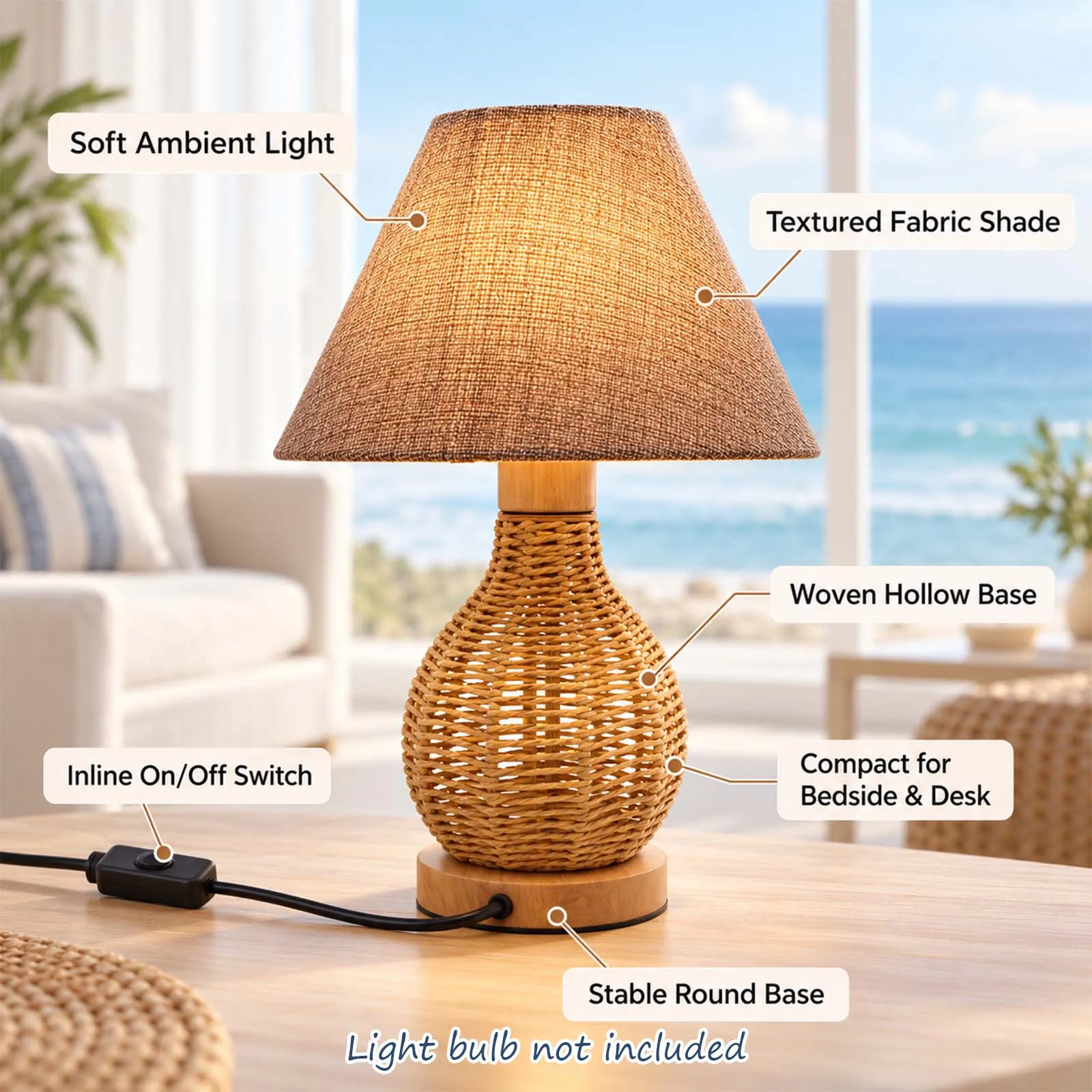 Table Lamp, Brown Linen Shade, Woven Gourd Base, E27, Inline Switch, Bedroom Bedside Living Room
