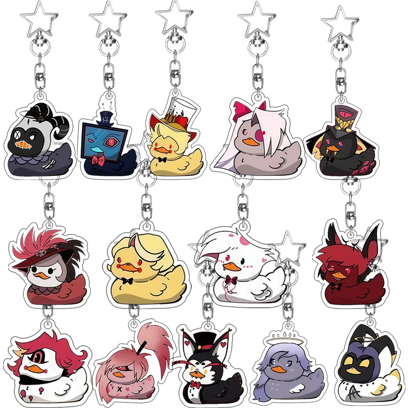 

Q Version Cartoon Alastor Angel Dust Lucifer Vox Hazbin Hotel Duck Style Acrylic Keychain Keyring Decoration Charm for Fans Gift