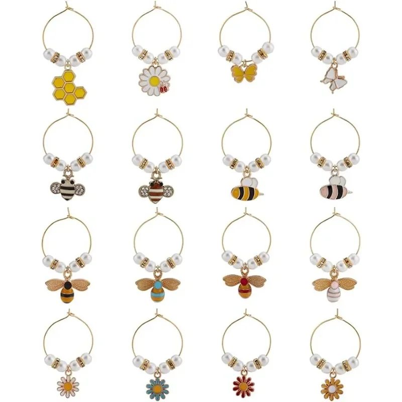 16 Style Flower Wine Glass Charms Butterfly Bee Honeycomb Goblet Drink Markers Tags Glass Wine Identifiers for Cocktail Champag