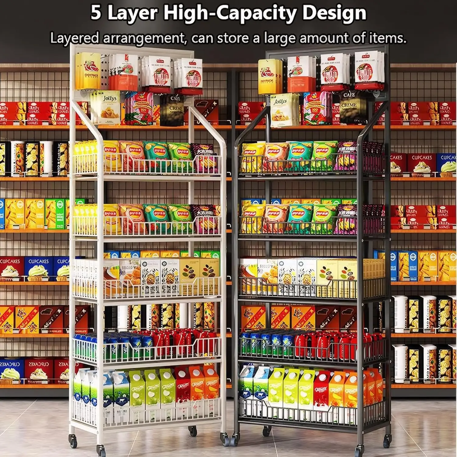Five-Tier Snack Display Rack, 65.3H'‘ x 23.8W’' x 10.4D'', with Universal Casters For fruits, vegetables, towel baskets, stalls,