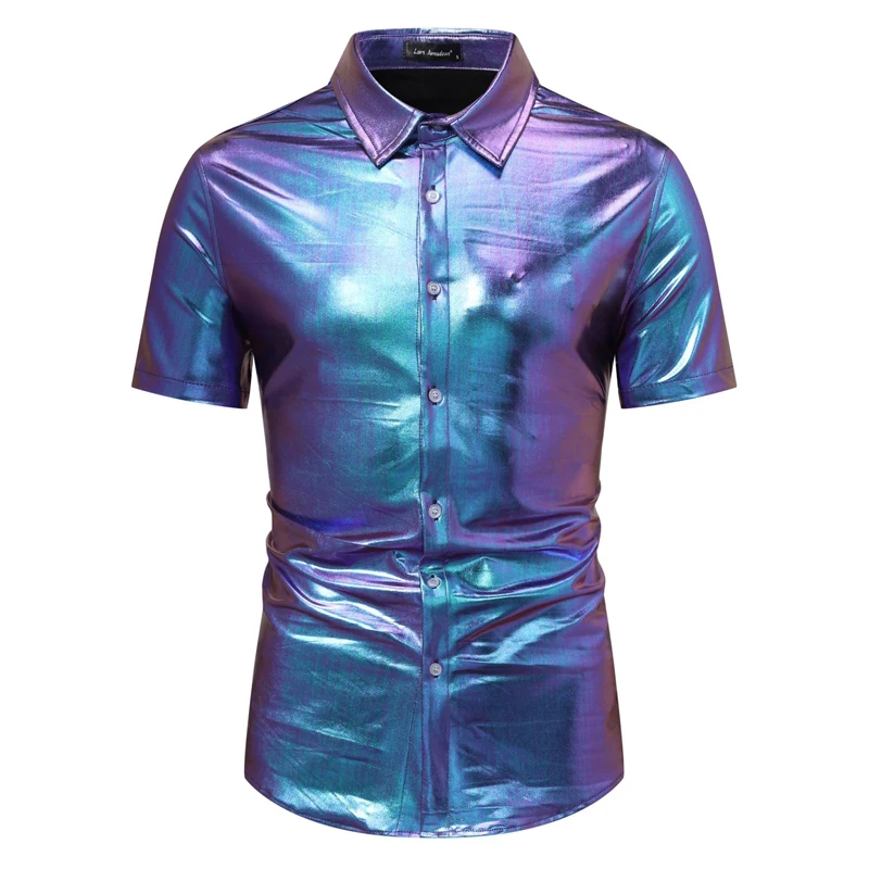 Purple Metallic Party Shirt Men 2024 Brand Short Sleeve Button Down Mens Dress Shirts Nightclub Party Prom Costume Shirt Camisa