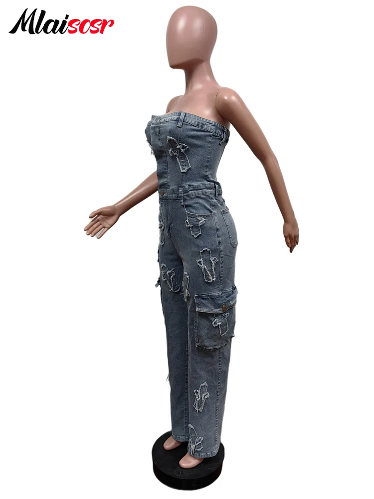 Mlaiscsr Cross Embroidery Pockets Stretch Denim Jumpsuits Women Sleeveless Off Shoulder Boyfriend Rompsers Blue Cargo Overalls