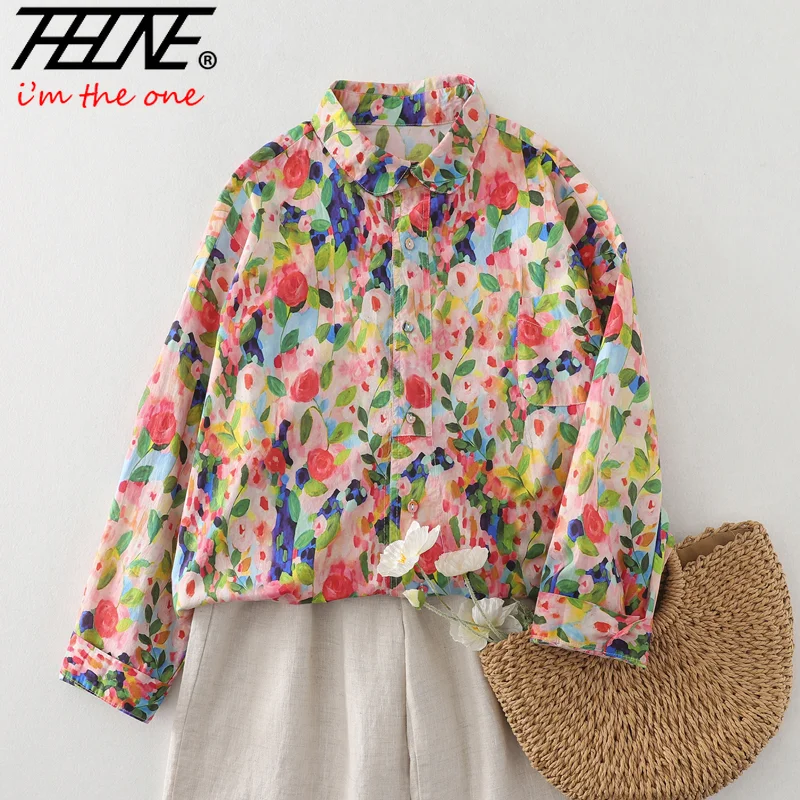 THHONE بلوزة حريمي ربيعية أنيقة 2025 Blusa Mujer قمصان واحدة الصدر فضفاضة طباعة خمر ملابس نسائية غير رسمية قمصان