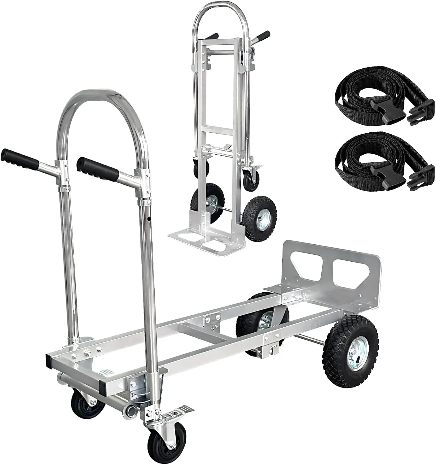 Convertible Aluminum Hand Truck Heavy Duty Platform Cart Dolly Wheels Moving Trolley With Two Straps For Appliance Furniture Carton Warehouse Office Silver