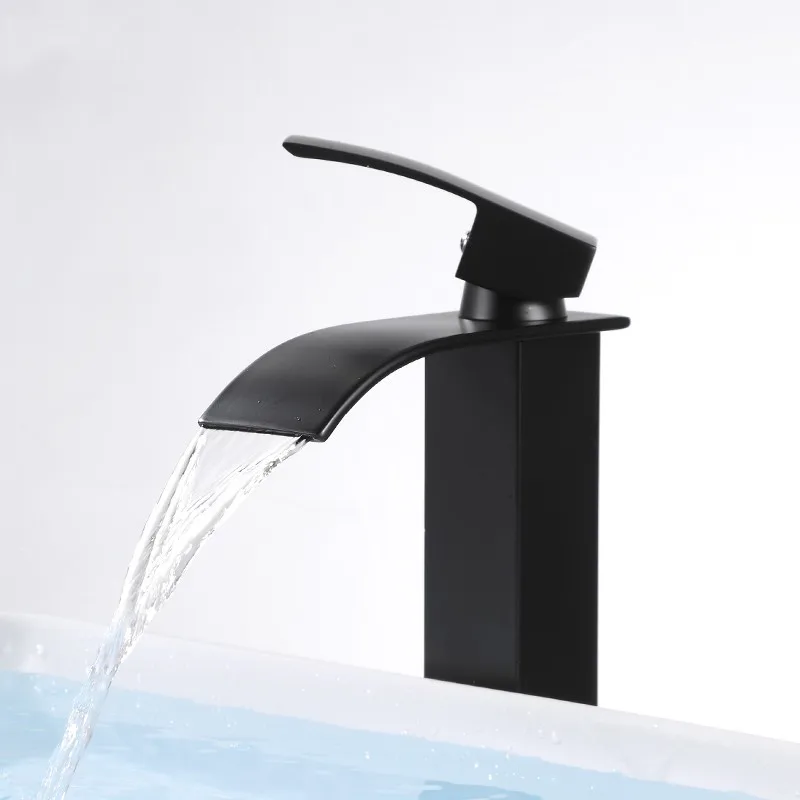 All copper waterfall basin faucet household washbasin sink black single hole hot and cold hot water wide spout splash proof