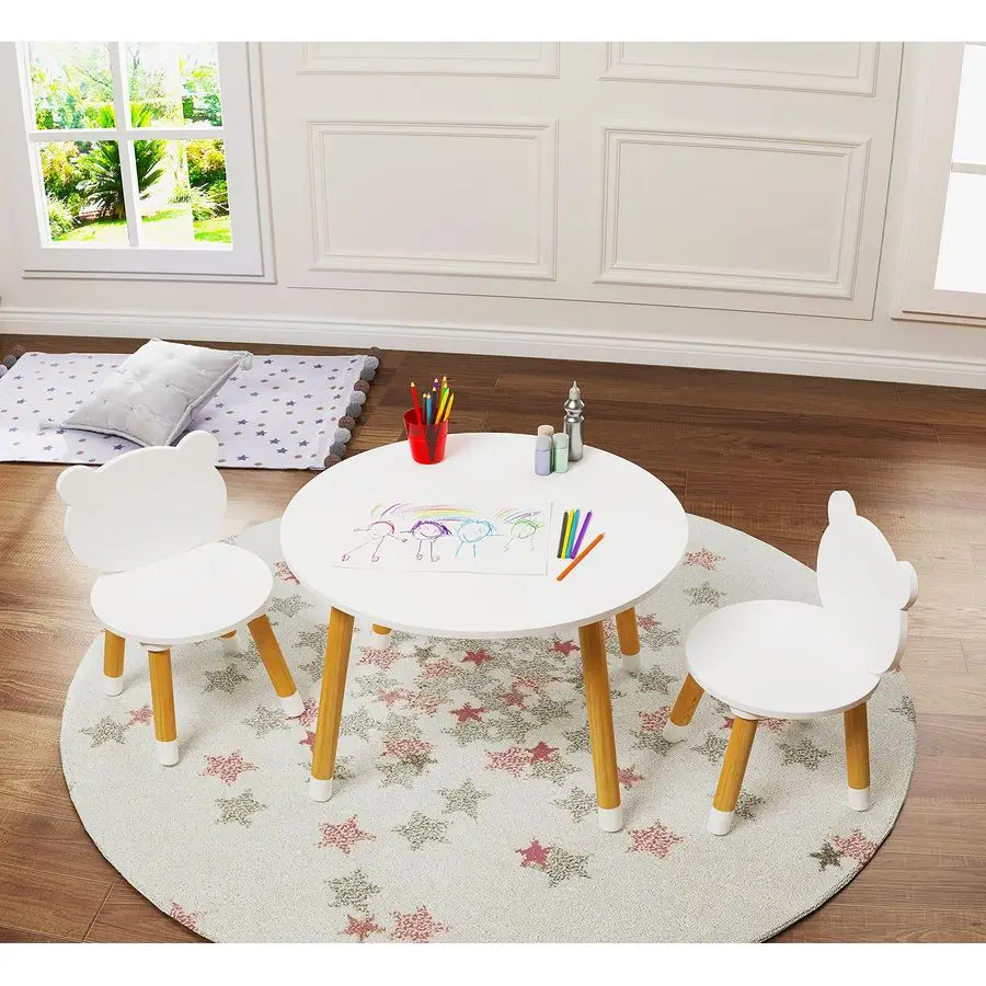 

Kids Wood Table and Chair Set, Kids Play Table with 2 Chairs,3 Pieces Wood Round Table for Toddlers, Girls, Boys,White