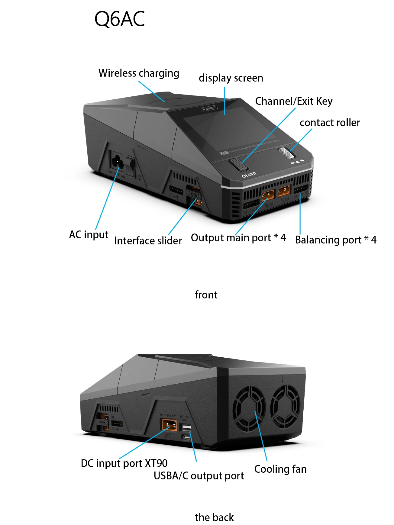 

ToolkitRC Q6AC Charger AC 400W/DC 1000W 4CH output Built-in 65W USB A/TYPEC Output ,LiPo, 1-6S，NiMH 1-16S,PB 1-10S Charger IPS