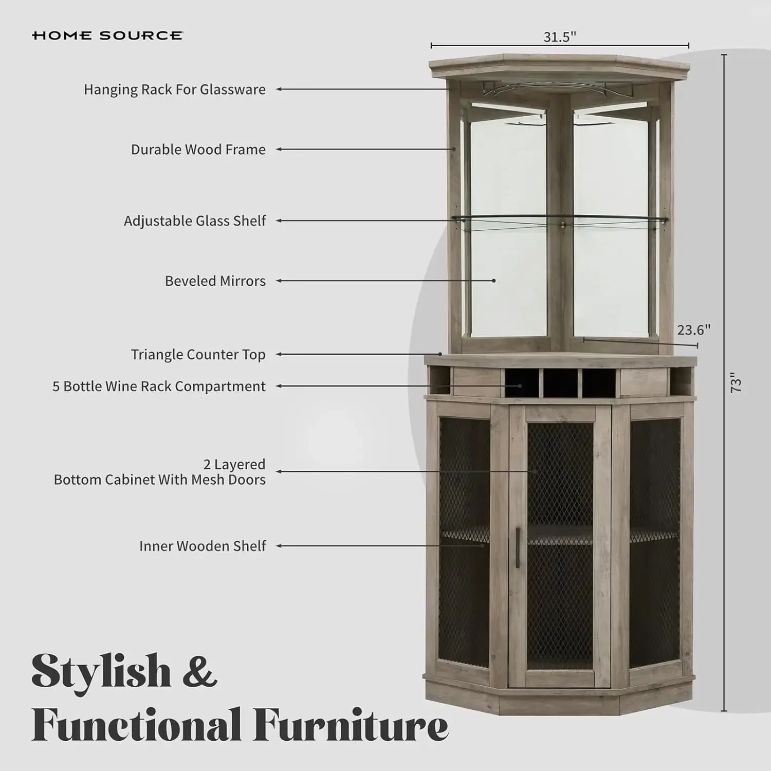 Meuble de bar d'angle blanc 73 "avec vin intégré T1 et armoire de bar inférieure pour français ou stockage de verres 23.6" D x 31.5 "L x 73" H