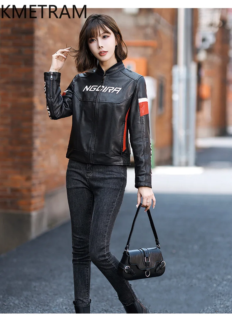 100% リアルシープスキンジャケット女性のファッションオートバイショート本革ジャケット新アウター秋服 2025 女性 정품급