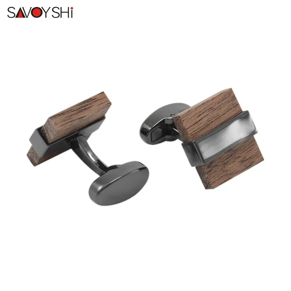 SAVOYSHI Fashion Wooden Cufflinks for Mens Shirt Cuff High Quality Brown Black Mashup Wood Cuff Links Wedding Gift Brand Jewelry