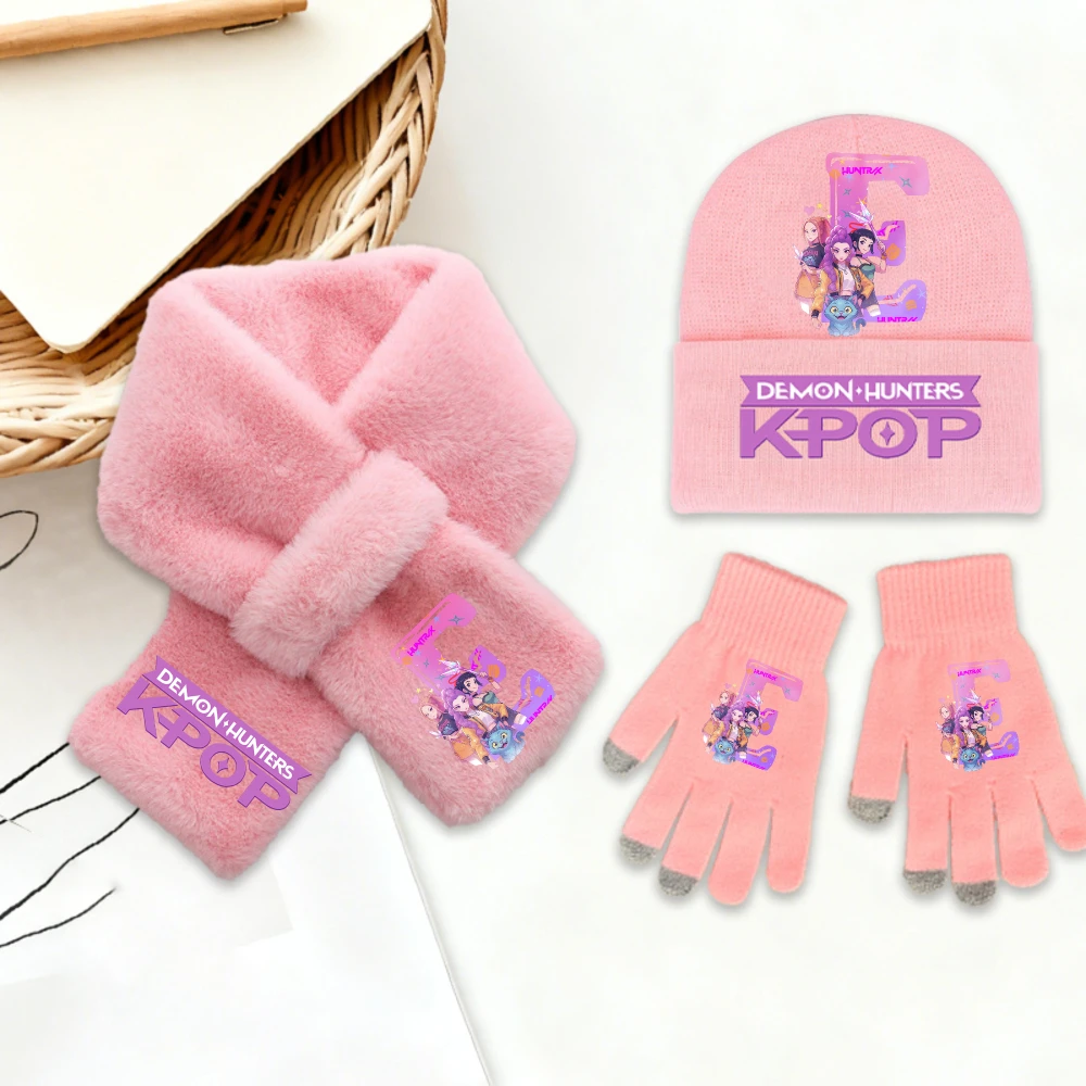 K-Pop Demon Hunters 3Pcs Fashionable Kids Girl Soft Knit Set Winter Warm Hat Scarf Gloves Casual Birthday Gift Accessories - Image 6