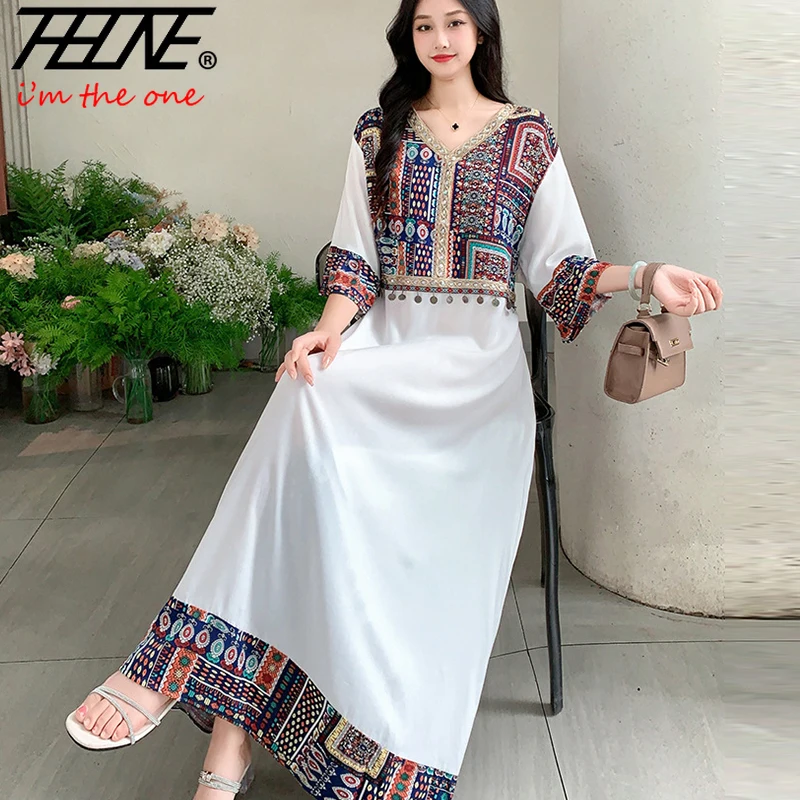 

THHONE летние платья для женщин 2025, свободные винтажные богемные халаты с v-образным вырезом, праздничное пляжное повседневное корейское платье, Vestidos Para Mujer