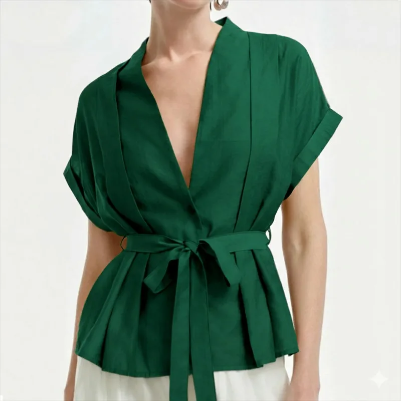 UOOZEE 2026 New Summer Tie Waist Pleated Tops For Women Short Sleeves Deep  V-Neck Loose Fit Office Ladies Commute Blouses view 3