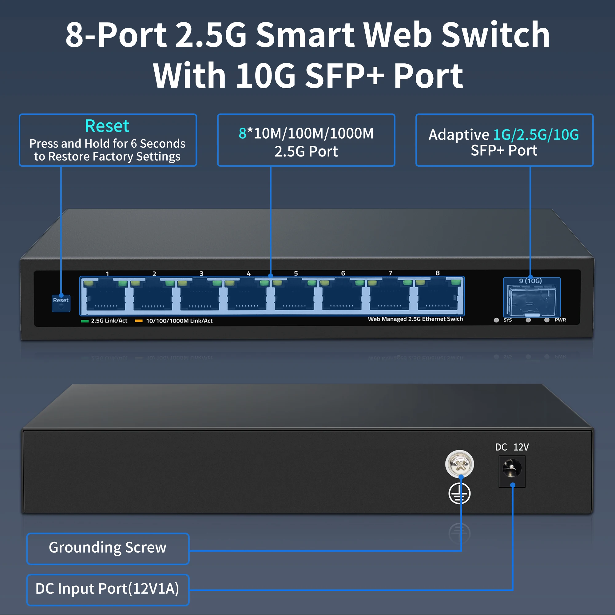 Imagem -02 - Switch Ethernet com Base-t Portas 10g Sfp 2.5g 100 Mbps 1000 Mbps 2500mbps Metal Web Fanless Network Switch