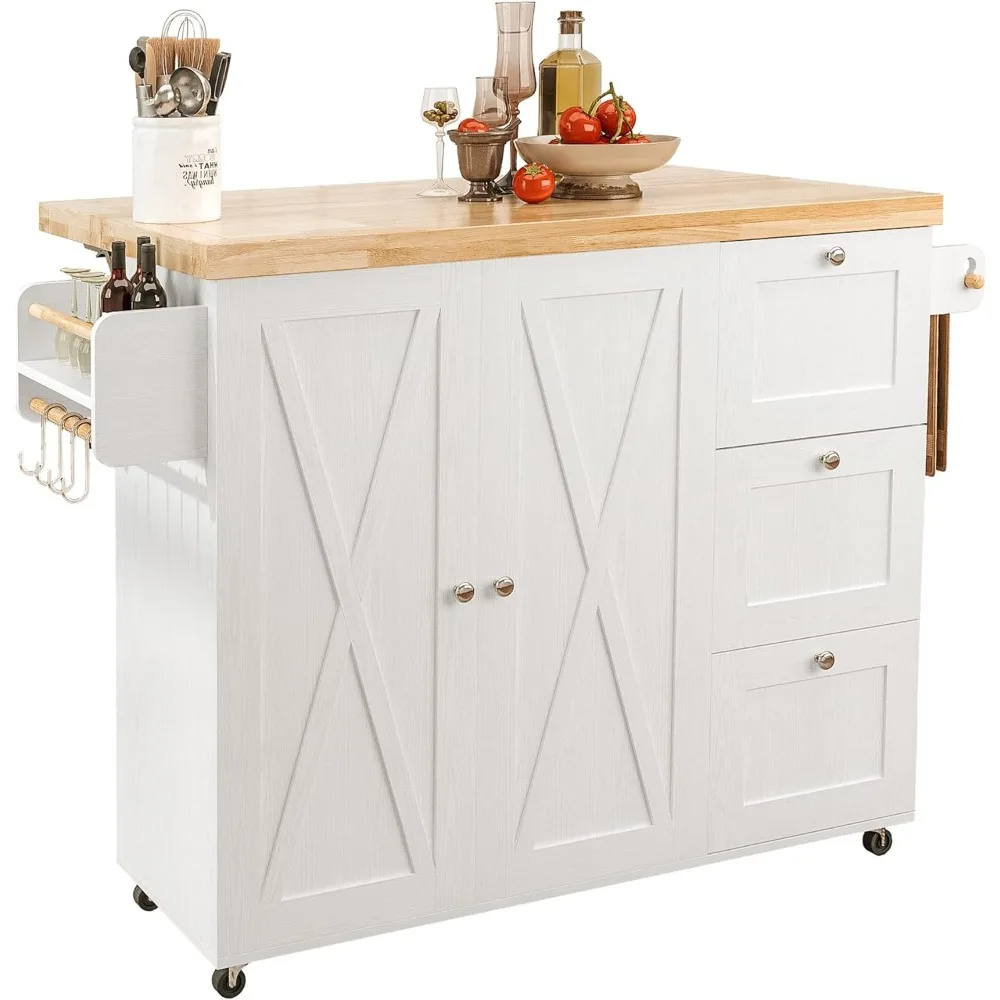 Rolling Kitchen Island Cart with Drop-Leaf Countertop, Thicker Rubberwood Top, 3 Drawers, Barn Door Style Cabine, Spice Rack