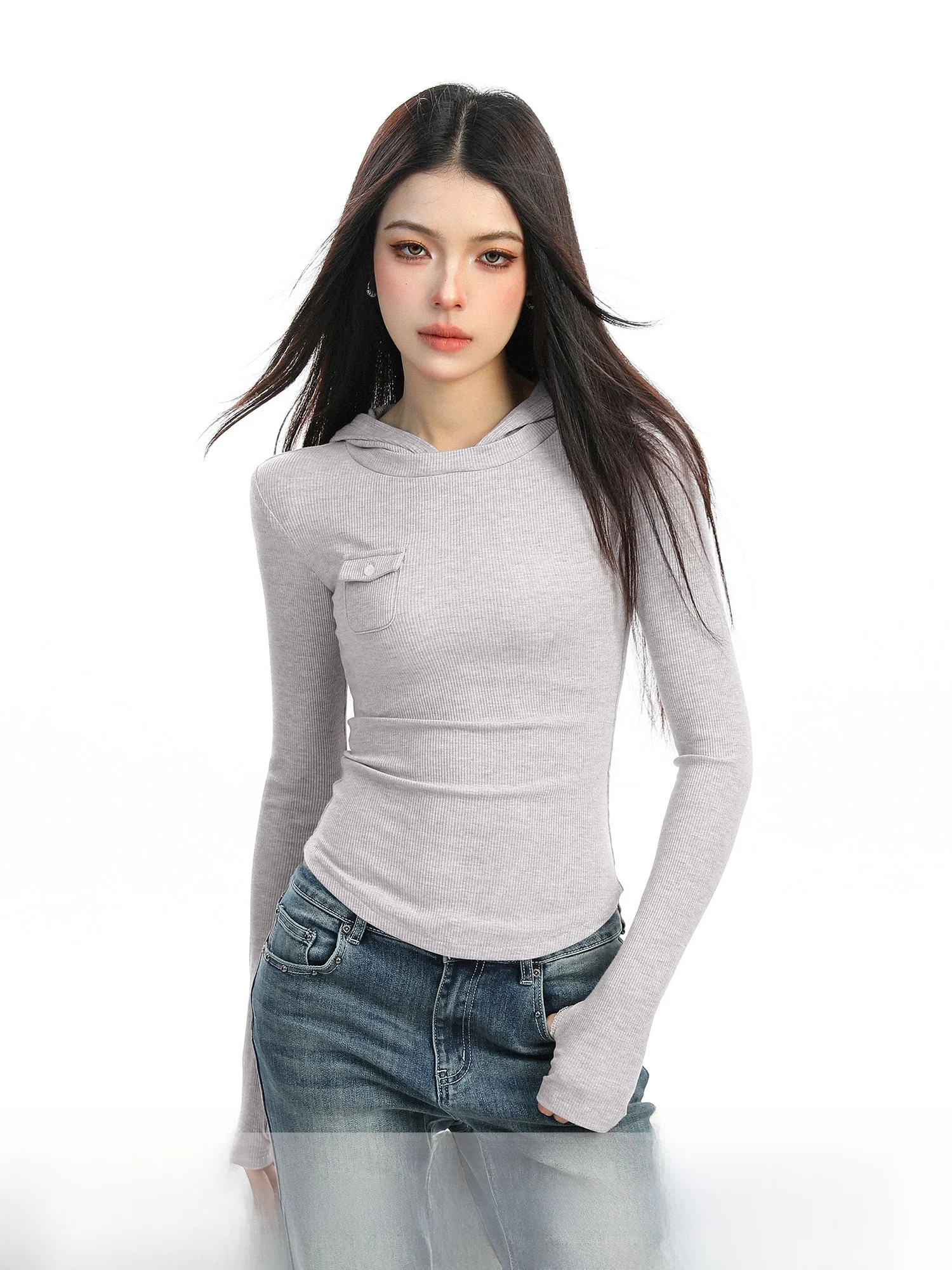 

Korean Sle Long Sve Slim Fit Women's T-irt Spring Autumn Hat ket Base irt Trendy Top Soft Comfortable Breathable