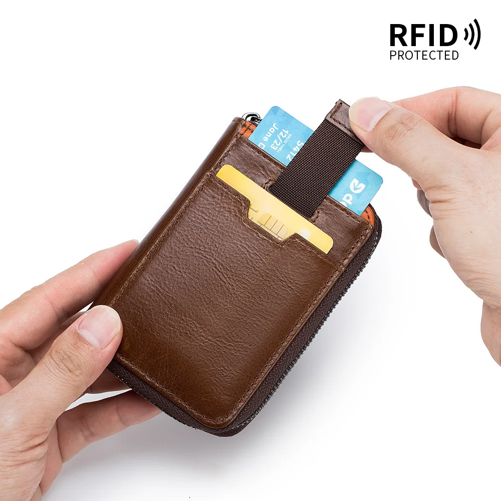 

Credit Card Holder Small RFID Cards Wallet for Men Genuine Leather ID Card Case Organizer Front Pocket Wallet with Zipper