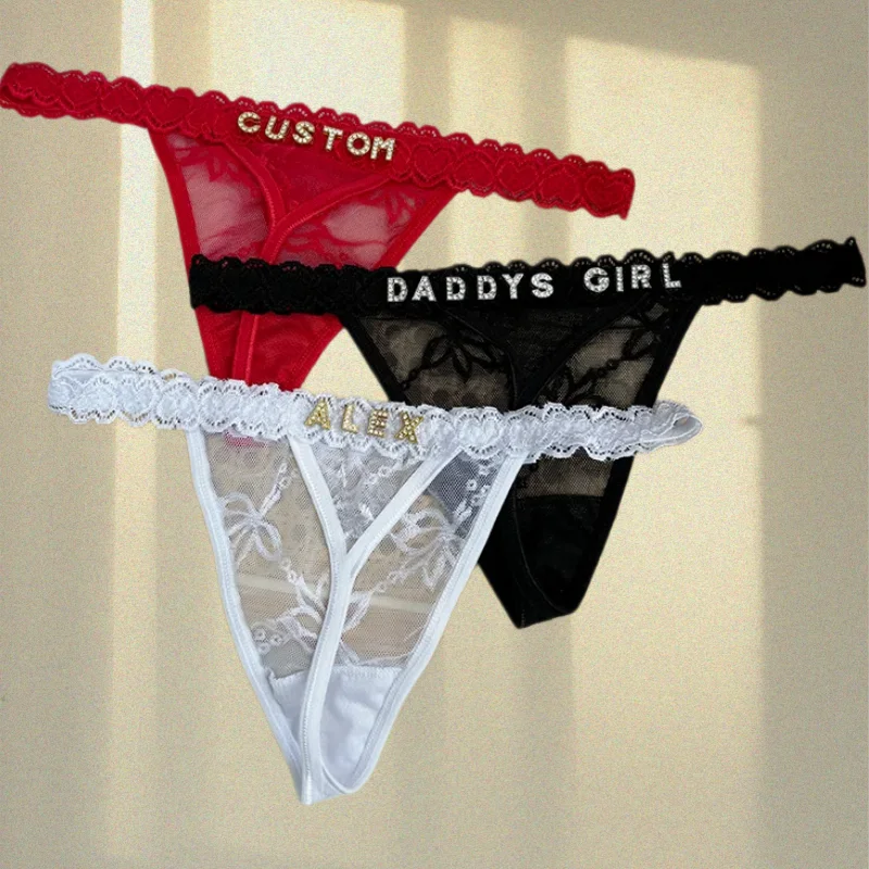 Personality Custom Name Crystal Letter Thong Sexy Lace Bikini Panties Low Waist Briefs Hot Sales G-String Wife Customized Gift