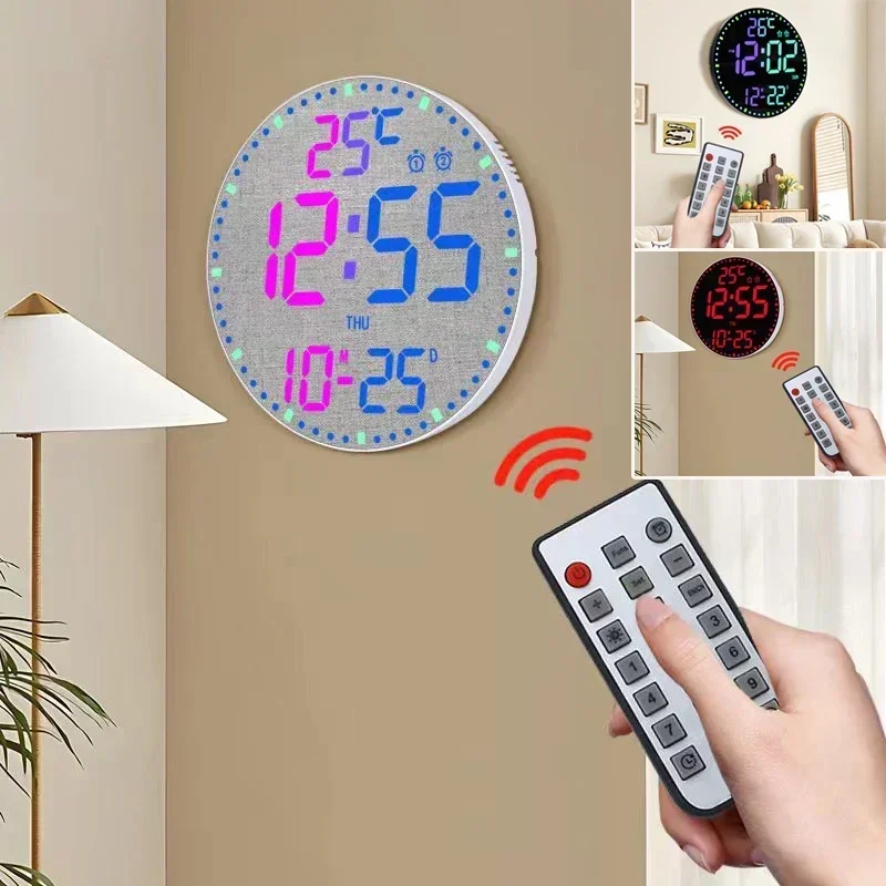 Led Wall Clock Alarm with Calendar Smart Brightness Temperature Display Wall Hanging Colorful Intelligent Clocks Home Decoration