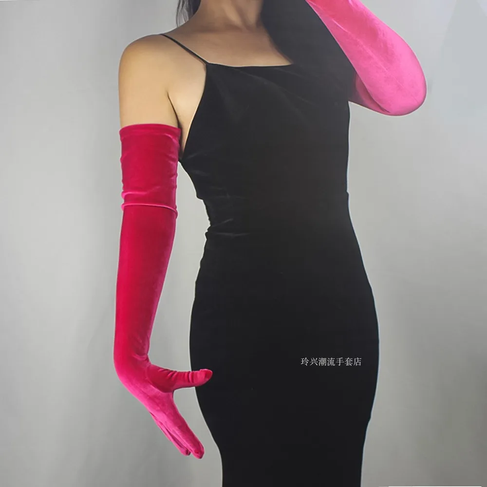 60 cm lange Samthandschuhe für Damen, elastischer Velours, Flanell, schwarz, thermisch, elegante Armstulpen, sexy Vintage-Mode, 1920er Abendmode – Detail 11