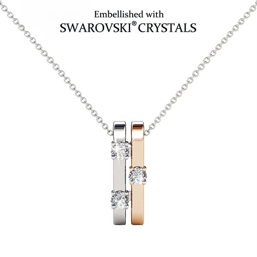 

Two Tone Bar Pendant Necklace Embellished with Swarovski Crystals Copper Rose Gold Plated Women Jewelry Bridal Valentine Gift