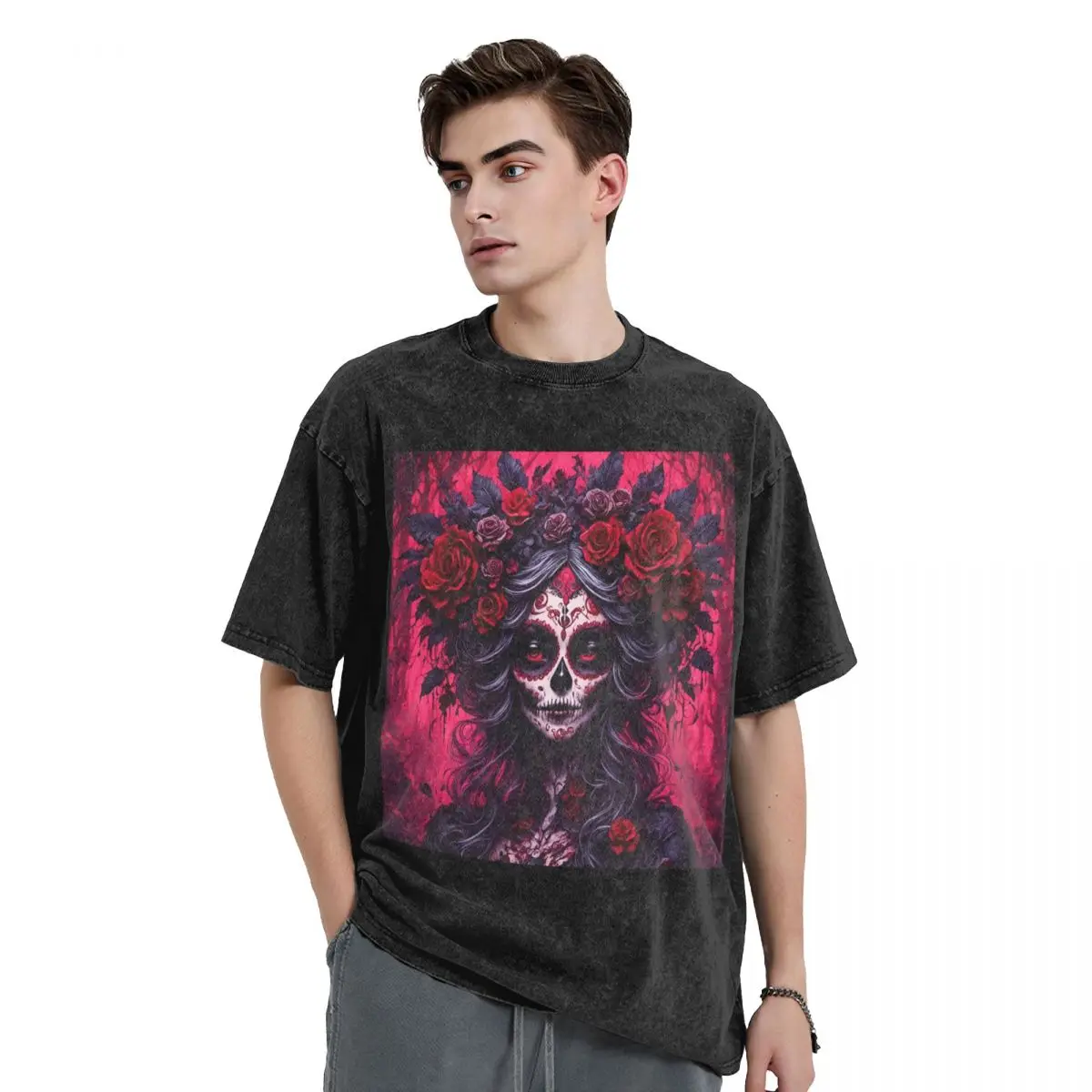 Mexican Catrina Girl Day Of The Dead Sugar Skull Washed T Shirts Short Sleeve Hip Hop T-Shirt Streetwear Tops Tees Men Women