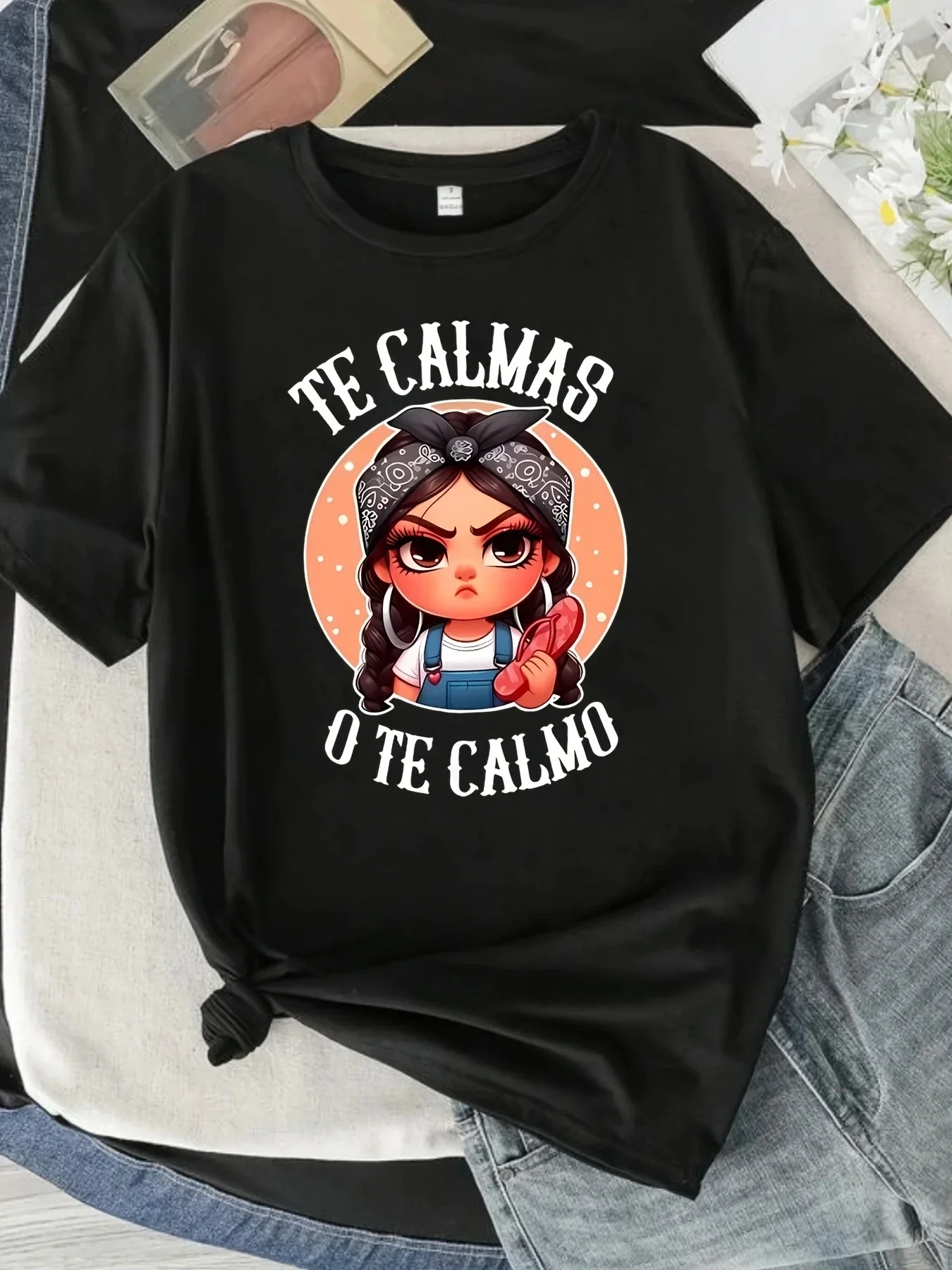 

Women's Te Calmas O Te Calmo cartoon pattern T-shirt - Black casual short sleeved summer top