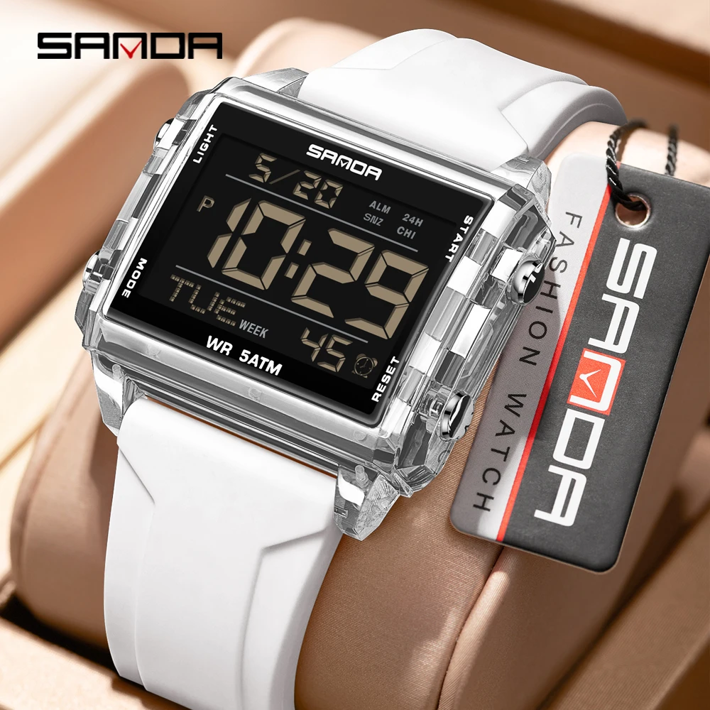 SANDA Brand 6275 Square Transparent Timing Electronic Watch Student Alarm Clock Multifunctional Waterproof Sports Watch