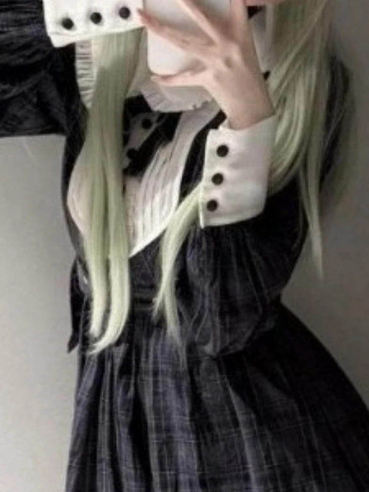 Japanische Plaid Patchwork Lolita Frauen Kleid Y2k Ästhetische Puppe Kragen A-linie Grunge Kleider Harajuku Vintage ​ Fee Vestidos