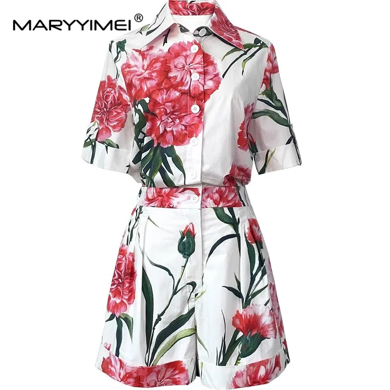 MARYYIMEI Summer Women\'s Turn-down Collar Cotton Playsuits Elastic Waist Slim Carnation Print Cotton Short Jumpsuit