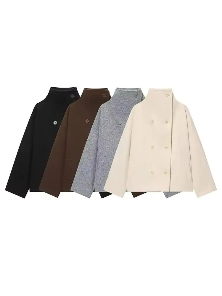 

HH Women 2026 New High Collar Long Sleeves Double Breasted Pocket Decoration Woolen Coat Female Loose Casual Jacket
