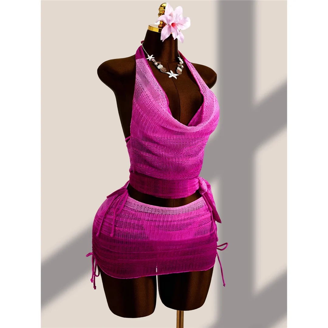 Mit Rock, Farbverlauf, Neckholder-Bikini, Damen-Badebekleidung, Damen-Badeanzug, vierteiliges Bikini-Set, Badeanzug, Badebekleidung, Schwimmanzug V8219 – Detail 5
