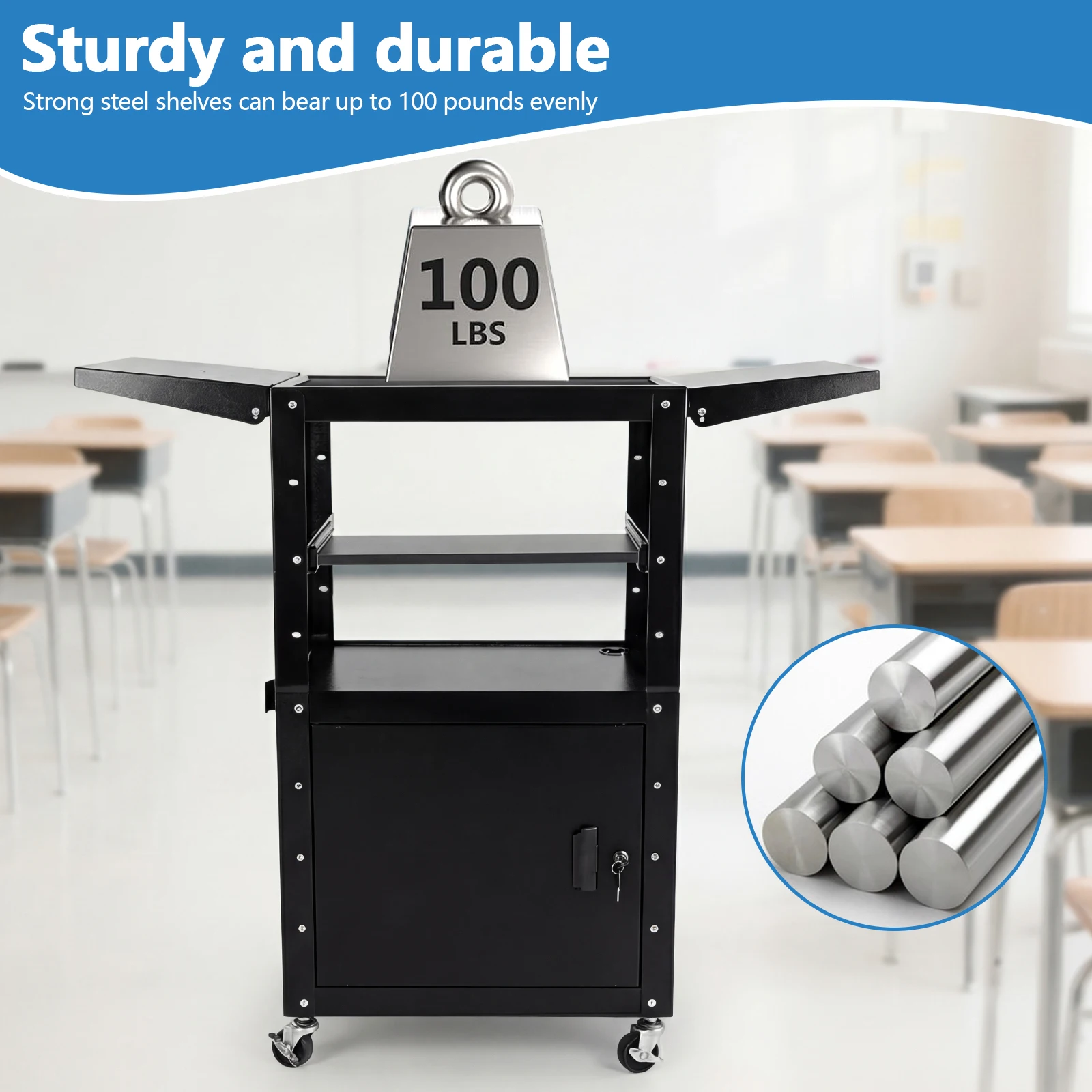 

Передвижная AV-стойка с запирающимся шкафчиком и выдвижной полкой для клавиатуры, регулируемая по высоте (36-44 дюйма), выдерживает до 110 фунтов, для классов, офисов и конференц-залов