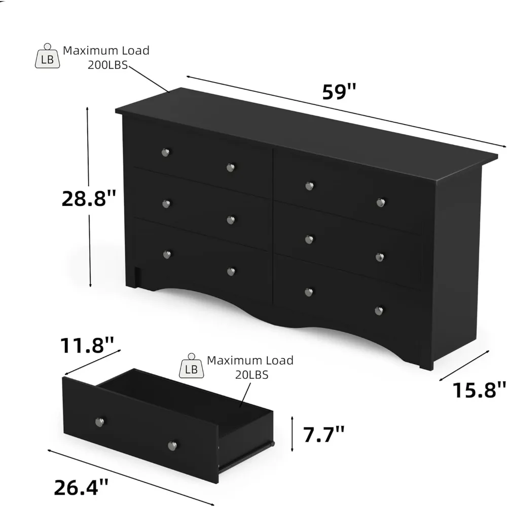 Schlafzimmerkommode mit 6 Schubladen und kippsicherer, moderner Kommode mit breitem Stauraum